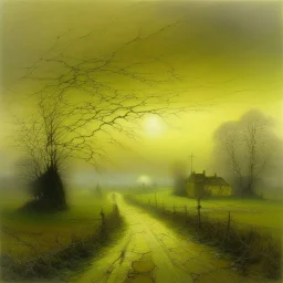 A light yellow foggy sky with lightning clouds painted by John Atkinson Grimshaw