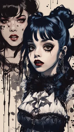 Poster in two gradually, a one side malevolent goth vampire girl face and other side the Singer Melanie Martinez face, full body, painting by Yoji Shinkawa, darkblue and sepia tones,