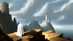 Sorcerer in white robe and hood approaches castle on a cliff