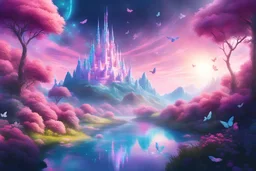 diamond river, in a galactic ambiance, light effect, birds flying, full of details, light effect，vaporwave colorful, concept art, smooth, extremely sharp detail, finely tuned detail, ultra high crystal castle pink Magic dream world with butterflies wisperia garden, full of details, smooth, bright sunshine，soft light atmosphere, light effect，vaporwave colorful, concept art, smooth, extremely sharp detail, finely tuned detail, ultra high definition, unreal engine 5, ultra sharp focus