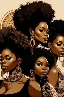 beauty and confidence with an HAND DRAWING illustration showcasing black curvy women, each adorned with a unique and beautiful hairstyle. Emphasize diversity, style, and individuality.