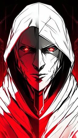 Concept art of a computer game character, blackandwhite, in two projections, An assassin man in a white hooded suit, evil look, evil smile, glowing red background, black lines, blond hair, black eyes