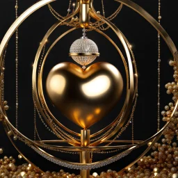 A magnificent golden and silver heart-shaped sign adorned with a stunning golden sphere encrusted with sparkling diamond clusters at its center, elegantly spinning in position.