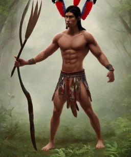 Guaicaipuro, native american god warrior, long black hair, big muscles, red feathers headdress, shirtless, holding a stone tip spear