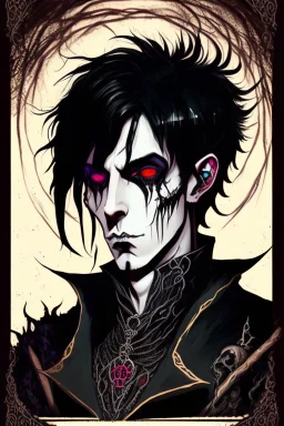 black haired young man necromancer wizard with gothic jewelry in the style of clive barker