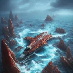 sea serpent from a nightmare between red rocky cliffs, book cover, fantasy art, sandy beach, water, reflection, misty, detailed