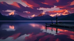 Stylized image of a forest, near a serene lake and mountains in the background at sunrise