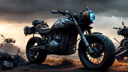 Concept art of an experimental, post-apocalyptic scrapyard motorcycle, customized with graffiti-style decals, with wide, aggressive all-terrain tires, influenced by Days Gone and Fallout games, and Scott Jacobs, experimental, futuristic, cinematic background, highly detailed, 3D, HDR, accurate, 8K, volumetric lighting, matte black, rain, reflections, shadows, trending on Artstation, rusted urban camo and flat black hour.