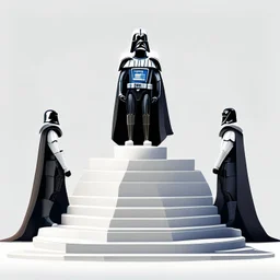 Create a beautiful illustration that showcases Darth Vader, adorned in his iconic black cape, standing triumphantly on the highest Olympic podium as the undisputed champion. Flanking him on two lower podiums are two white-clad Stormtroopers, looking sullen. Set this scene against a white background.