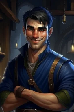 strong young half orc male who works at a tavern with short hair realistic wearing navy blue clothing happy