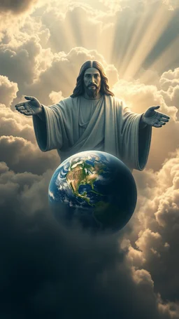 Portrait of Jesus above swirling clouds, emerges from the heart of a raging storm. Turbulent winds of steam swirl around the iconic structure, lit by shafts of sunlight that cast dramatic shadows on the A large planet Earth hovering by over the clouds, another high planet waiting to collapse with planet earth , High quality 16k cinematic scene and great photography
