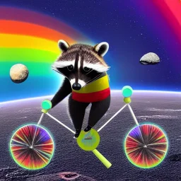 A raccoon astronaut riding a rainbow bike on a mission to gather space trash, jumping over asteroids as he goes.