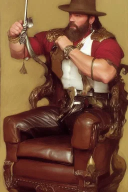 beefy macho man sitting on a leather armchair, simple, by John Singer Sargent, james gurney, justin gerard, john william waterhouse, highly detailed, artstation