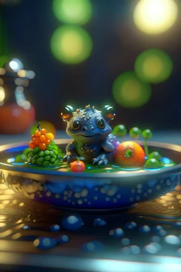 glass creature on small raft with a bowl of magical fruit soup, in the style of fantasy movies, photorealistic, shot on Hasselblad h6d-400c, zeiss prime lens, bokeh like f/0.8, tilt-shift lens 8k, high detail, smooth render, unreal engine 5, cinema 4d, HDR, dust effect, vivid colors