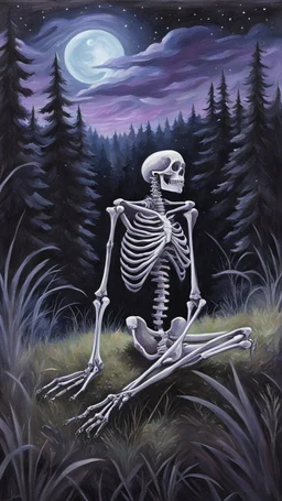 A oil painting of a skeleton sitting in the grass on the top of a hill, lookin into the night sky. A Forrest in the background. Painting. Purple colours. Blue colours. Night. Melancholic mood. Colorful.Pastel colours. Masterpiece.