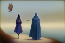 two people seen from behind walking side by side in an empty foggy plain, above there is blue sky by artist "Leonora Carrington",by artist "Christian Schloe",by artist "Kay Sage"