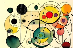 abstract in the style of Paul Klee with circles of colour and sketchy thin inky lines.