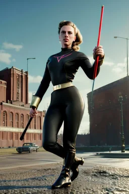 retro portrait image from 1960, Moscow background, wind, long hair, fighting stance, sweet young Scarlett Johansson, classic black tight lycra suit, metal stick weapon, gold bracelet and belt, high heel boots, soft color, highly detailed, unreal engine 5, ray tracing, RTX, lumen lighting, ultra detail, volumetric lighting, 3d, finely drawn, high definition, high resolution.