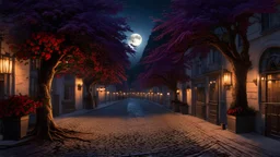 trees, twisting shadows that flickered like specters on the cobblestone streets, red roses, night, full moon, purple foliage, 8k, high quality, trending art, trending on artstation, sharp focus, studio photo, intricate details, highly detailed, by greg rutkowski