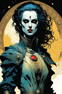 create an ethereal, otherworldly female Ravnos antediluvian vampire time traveler , in the comic book art style of Mike Mignola, Bill Sienkiewicz, and Jean Giraud Moebius, with highly detailed feminine facial features , finely inked , dramatic natural lighting