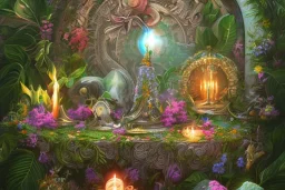 Tropical flowers,heart drawing, crystals, tropical leaves, sacred altar, Fantasy temple