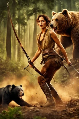 fighting hot woman fighting in the hunger games, slaughtering his enemies and a bear, mix with pedro pascal, in 1900s style portrait f1.4