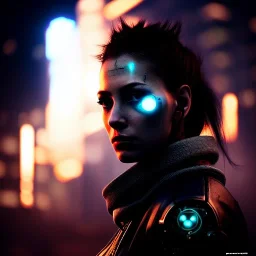 portrait,beautiful female Cyborg, intense stare, sad eyes, post-apocalyptic in a cyberpunk city, realistic, intriacte detail, sci-fi fantasy style, volumetric lighting, particles, highly detailed ,cinamatic , deep colours,8k, by Caravaggio