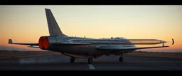 airbrush 3d rendering, Prompt: A cinematic, photorealistic sci-fi aircraft on a runway at dusk, viewed from the rear three-quarter angle. The aircraft has a large vertical tail fin and a weathered metallic fuselage with realistic rivets, panel seams, hydraulics, vents and mechanical details. Mounted across the aircraft's rear section is a long transparent cylindrical lightning tube positioned horizontally from left to right, completely perpendicular to the aircraft's longitudinal body axis.