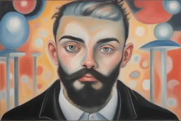 Francesco Clemente oil painting dreaming young beard punk guy in the pop '80s eclectic mall lights oil painting art