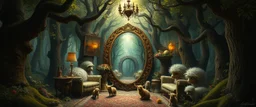 in the magical mirror forest we get a strange portrait of a living room, and you enter the strangest bubble doorway to weird dimension and the aura of its heavenly fluffy elevated messed up woodland and ad & d monster creatures flock painted by Nerdrum and Rembrandt