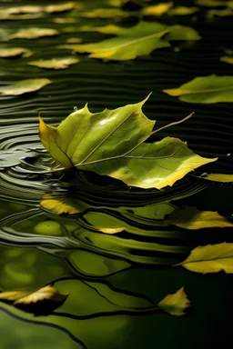 shredded yellow-green leaf floating on water