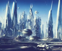 A Spaceship is taking off from a buzzing Space port on a heavy industrialized planet with a futuristic city in the background, (retrofuturistic:2), art by John Berkey, buildings with glass facades, brutalist architecture, insanely detailed, vibrant, 8k uhd, cinematic atmosphere, ultra-wide angle, street level view, brush strokes, blue sky with clouds, dramatic sunset, sharp focus