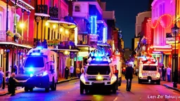 A police Tesla Cybertruck is chasing a Tesla 'Model S Plaid' at top speed, Bourbon Street, in New Orleans. CINEMATIC. WIDE ANGLE LENS.