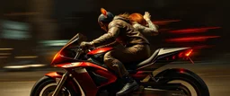 master oil painting by Rembrandt, good afternoon bitch scary hot seductive chess piece riding sports bike with motion blur and smeared lights in the night, stylistic poster, in the style of total recall, huge bug rat in the background