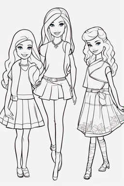 outline art for kids barbie coloring pages with barbie with her 2 friends , no background, sketch style, full body, only use outline, mandala style, clean line art, white background, no shadows and clear and well outlined. should look exactly like barbie