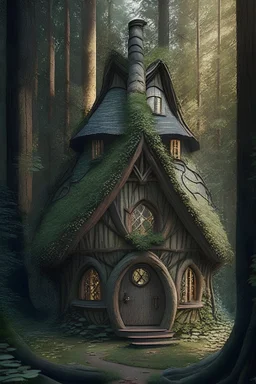 A cottage in the middle of a wood and on the roof is carved "The portal in the big woods"