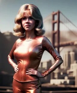 Ultra Realistic retro sci-fi movie San Francisco scene, 1960 year, waist up view portrait, a super giant blonde woman, sweet teenager Jane Fonda face, perfect iris, glow eyes, face makeup, tight latex coat, many people, Retro sci-fi style, soft color, highly detailed, unreal engine 5, ray tracing, RTX, lumen lighting, ultra detail, volumetric lighting, 3d, finely drawn, high definition, high resolution.