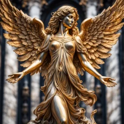 Golden winged marble angel statue, Professional photography, high contrast, bright vibrant colors, dark tone, high highlights, Intricate Patterns, Ultra Detailed, Luminous, Radiance, beautiful, Ultra Realism, Complex Details, Intricate Details, 8k, HDR, High Quality, Trending On Artstation, Sharp Focus, Studio Photo, Intricate Details,