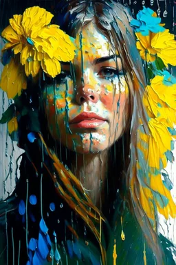 acrylic portrait of a woman, lush hair, emotions, rain, flowers, umbrella, autumn, paint blots, splashes, tears, plants, yellow, blue, green, orange colors