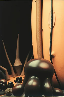 Photography polaroid close-up of several shapes, elongated lines and object, massive odd Yves Tanguy incomprehensible style, Surrealism. On the left, there are other lower shapes, similar to trolps or mutanism, randomly arranged, glossy, organic, creepy tumor mass growing, strong texture, fiotti di liquido nero, horror, panic, obsessive, hypnotic