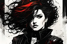 an abstract and serene illustration of a goth girl with highly detailed hair and facial features , finely drawn and inked, 4k, hyper detailed and vibrantly colored in the comic art style of Bill Sienkiewicz , Frank Miller, and Yoji Shinkawa