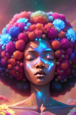 astral, concept art, Flowers, vibrant colors, digital painting, digital illustration, extreme detail, ultra hd, akihito yoshida, afro Woman in space, Meditating , Radiant , beautiful, radiant, polished