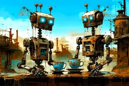 two crazy rusty scrappy robots drinking coffee in urban decay, negative space, wet print, ink leak, overheat, dramatic, cinematic, sudden jolt dynamics, amazing reflections and parallels and verticals, Afro-futurism, surreal futurist architecture art, surreal liminal space, tribal vibe and patterns, colors of light sky blue and beige and black