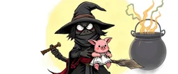 bad ninja witch wolf carrying a lovely scared wtf are you up to, pig girl with dress under his arms, big cauldron in the background , stupid cartoon, airbrush and pen outline