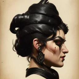 painted portrait of evil goddess in black leather, angry, strong, volouptous, busty, cleavage, emperious, mature, highly detailed, digital painting, artstation, concept art, smooth, sharp focus, illustration, art by gaston bussiere and alphonse mucha