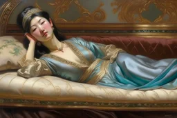 oriental woman lying on a pillow painting neoclassism zoom out realistic whole body