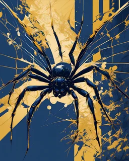 spider and fly, poster in two gradually, illustration by <kilian eng>painting by Yoji Shinkawa, a one side darkblue and other side gold tones,