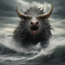 Sea Monster covered in light tan and dark grey fur with wild boar-like razor sharp tusks and pale yellow eyes, masterpiece, best quality, background stormy sea