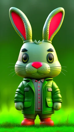 Bunny in a jacket, character, detailed muzzle, 3d octane render, funko pop, beautiful scenery in the background