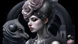 Beautiful bioluminescense black and silver humanoid lady snail textured detailed lace ornate house portrait, adorned with white and pink flower dust, pink rose and black rose silver dust beads, wearing diadem headress, wearing Renaissance costume, organic bio spinal ribbed detail of Renaissance textured bioluminescense watery floral silver floral dust creative background maximálist hyperrealistic concept art